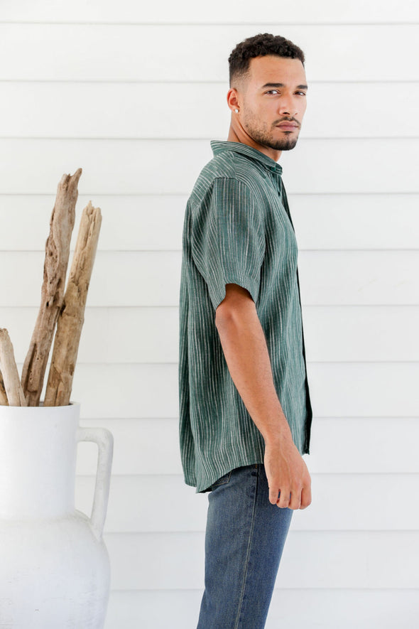 Brain Tree Hemp Short Sleeve Shirt: Stripes - Emerald