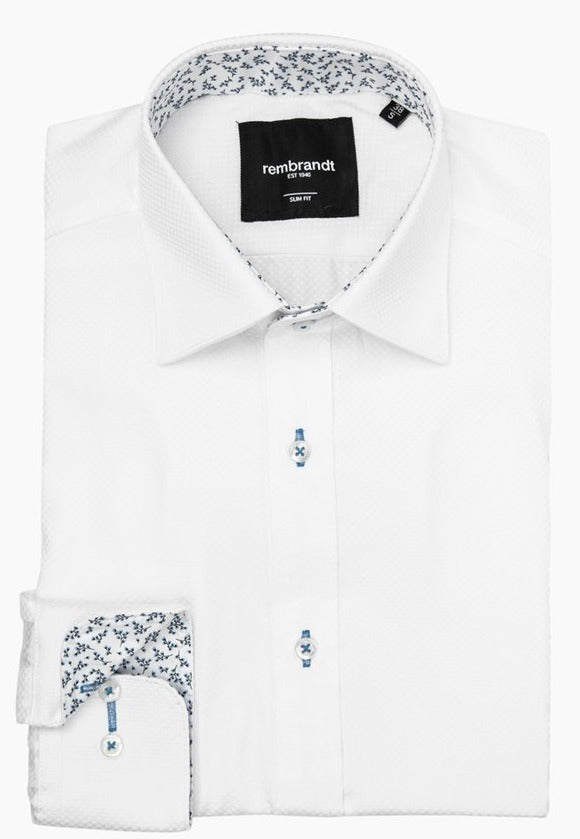 Barbican Long Sleeve Shirt - White Textured Cuff Detail