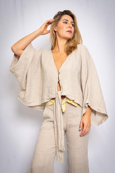 The Italian Closet: Kimia Linen Kimono Top - Beige