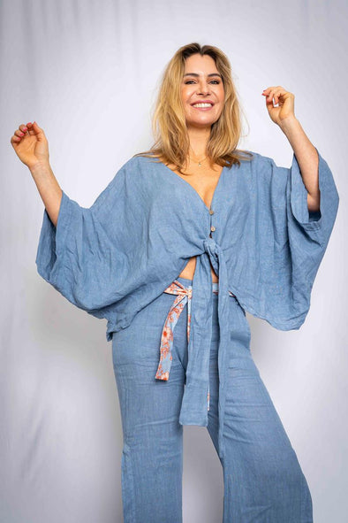 The Italian Closet: Kimia Linen Kimono Top - Perwinkle