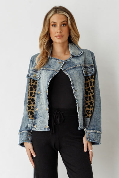 H&F Denim Jacket W/ Leopard Print Panels