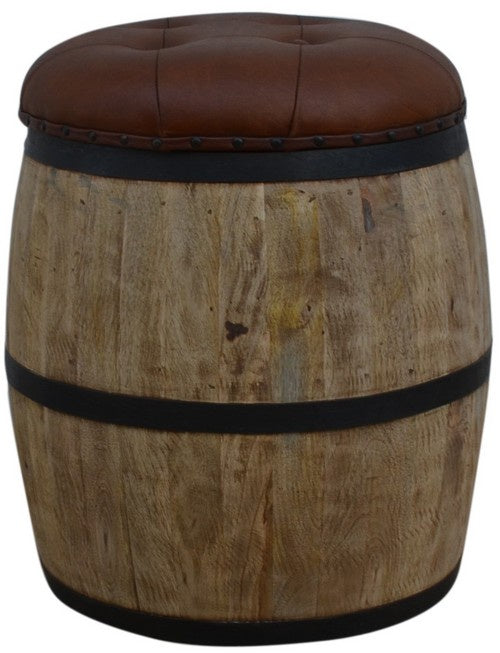 Wine Barrel Storage Stool with Leather Lid