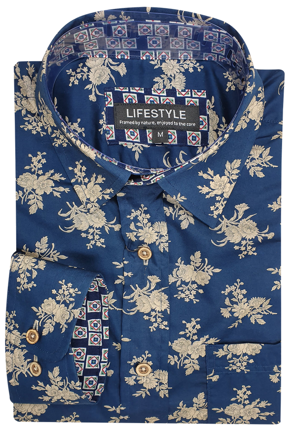 Lifestyle Navy & Beige Floral Print Long Sleeve Shirt