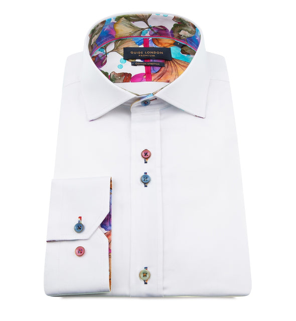 Guide London Long Sleeve Shirt - White & Watercolour Ginkgo Detailing