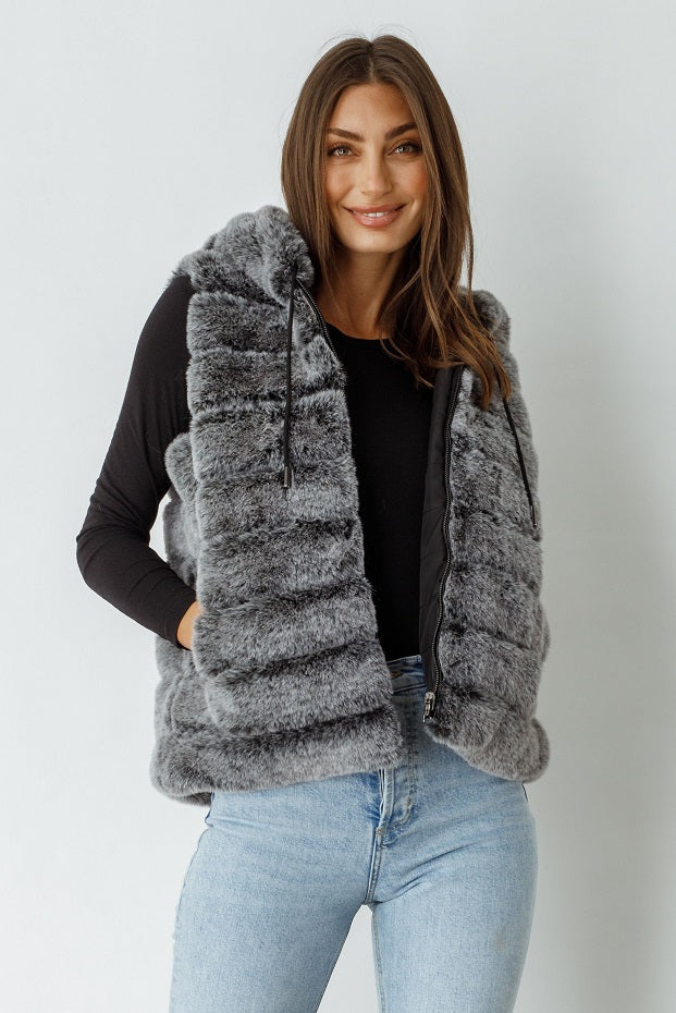 Caju Reversible Fur Vest W/ Hood - Charcoal