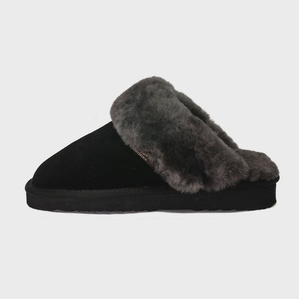 Juliet Sheepskin & Suede Slide Ladies Slipper - Black & Grey