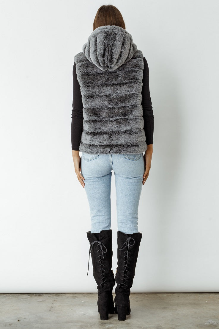 Caju Reversible Fur Vest W/ Hood - Charcoal