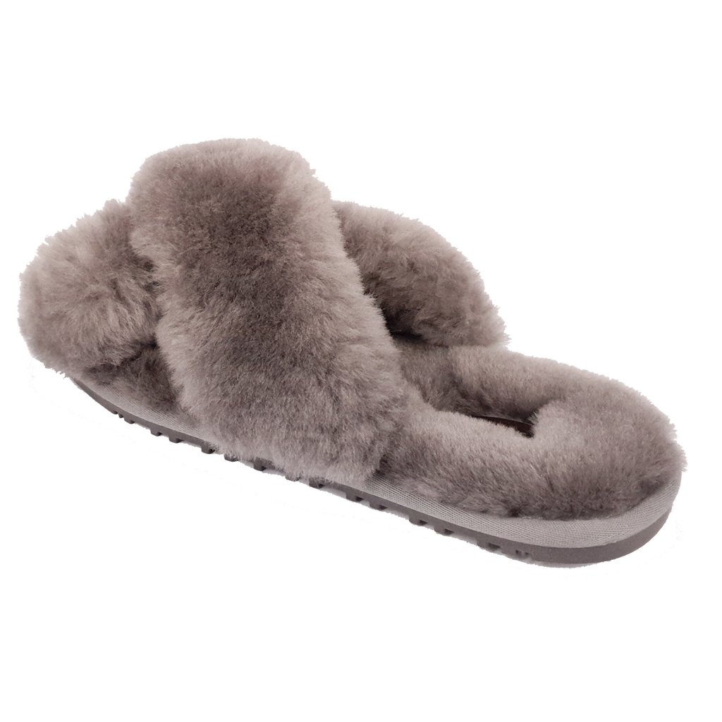 Rachel Sheepskin Cross Slide - Grey