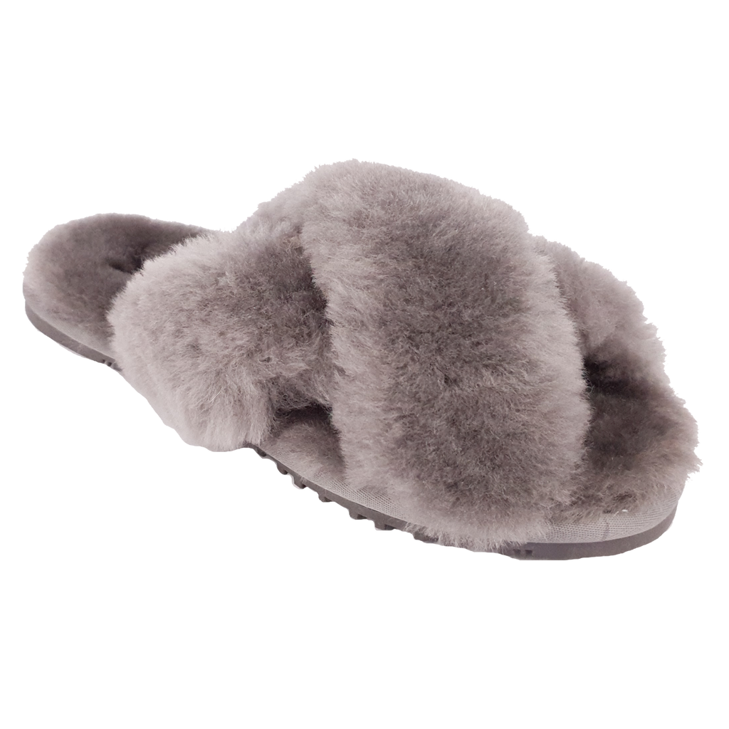 Rachel Sheepskin Cross Slide - Grey