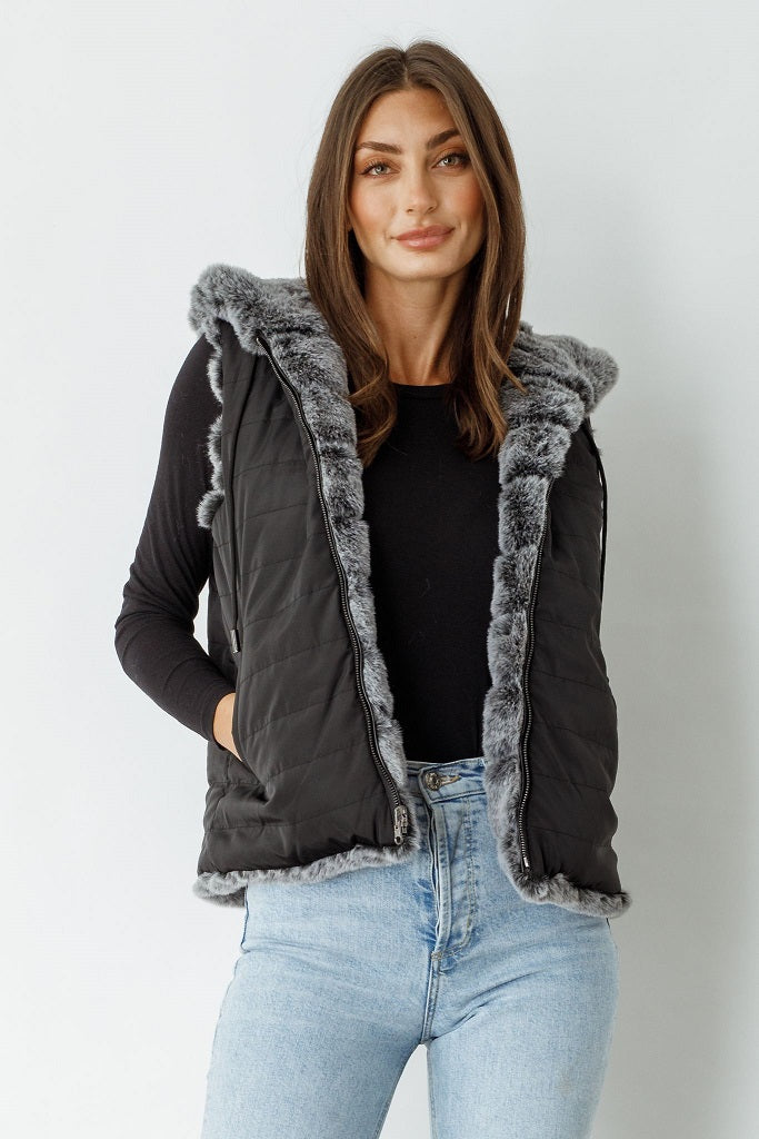 Caju Reversible Fur Vest W/ Hood - Charcoal